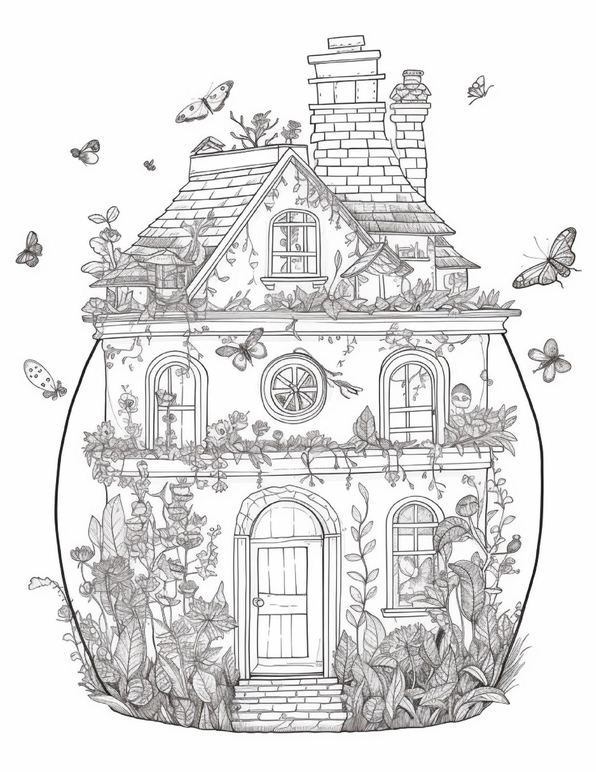 50 Printable Fairy Houses in Jar Coloring Pages for Adults, Grayscale Coloring Book, Stress Relief Coloring Pages, Printable PDF Instant Download