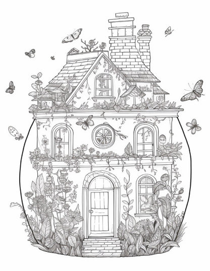 50 Printable Fairy Houses in Jar Coloring Pages for Adults, Grayscale Coloring Book, Stress Relief Coloring Pages, Printable PDF Instant Download