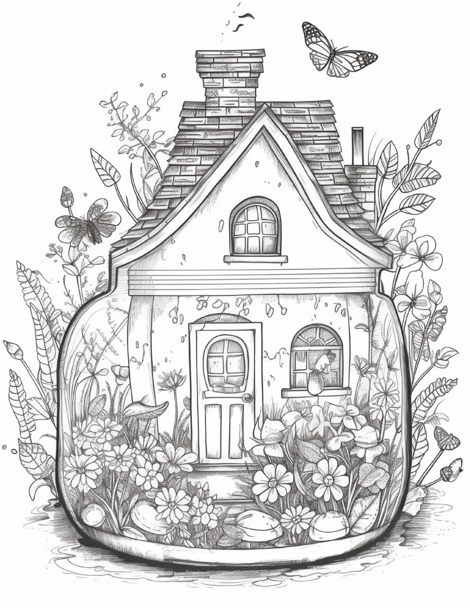 50 Printable Fairy Houses in Jar Coloring Pages for Adults, Grayscale Coloring Book, Stress Relief Coloring Pages, Printable PDF Instant Download