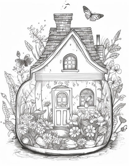 50 Printable Fairy Houses in Jar Coloring Pages for Adults, Grayscale Coloring Book, Stress Relief Coloring Pages, Printable PDF Instant Download
