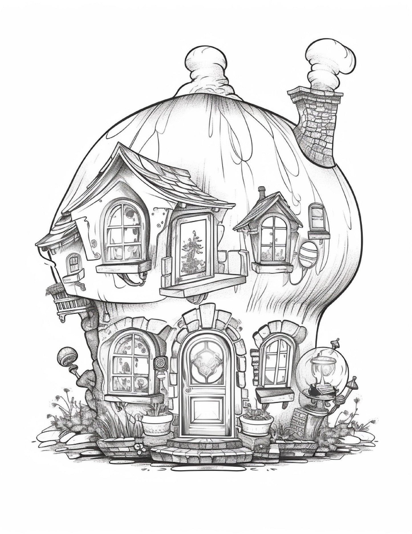50 Printable Fairy Houses in Jar Coloring Pages for Adults, Grayscale Coloring Book, Stress Relief Coloring Pages, Printable PDF Instant Download