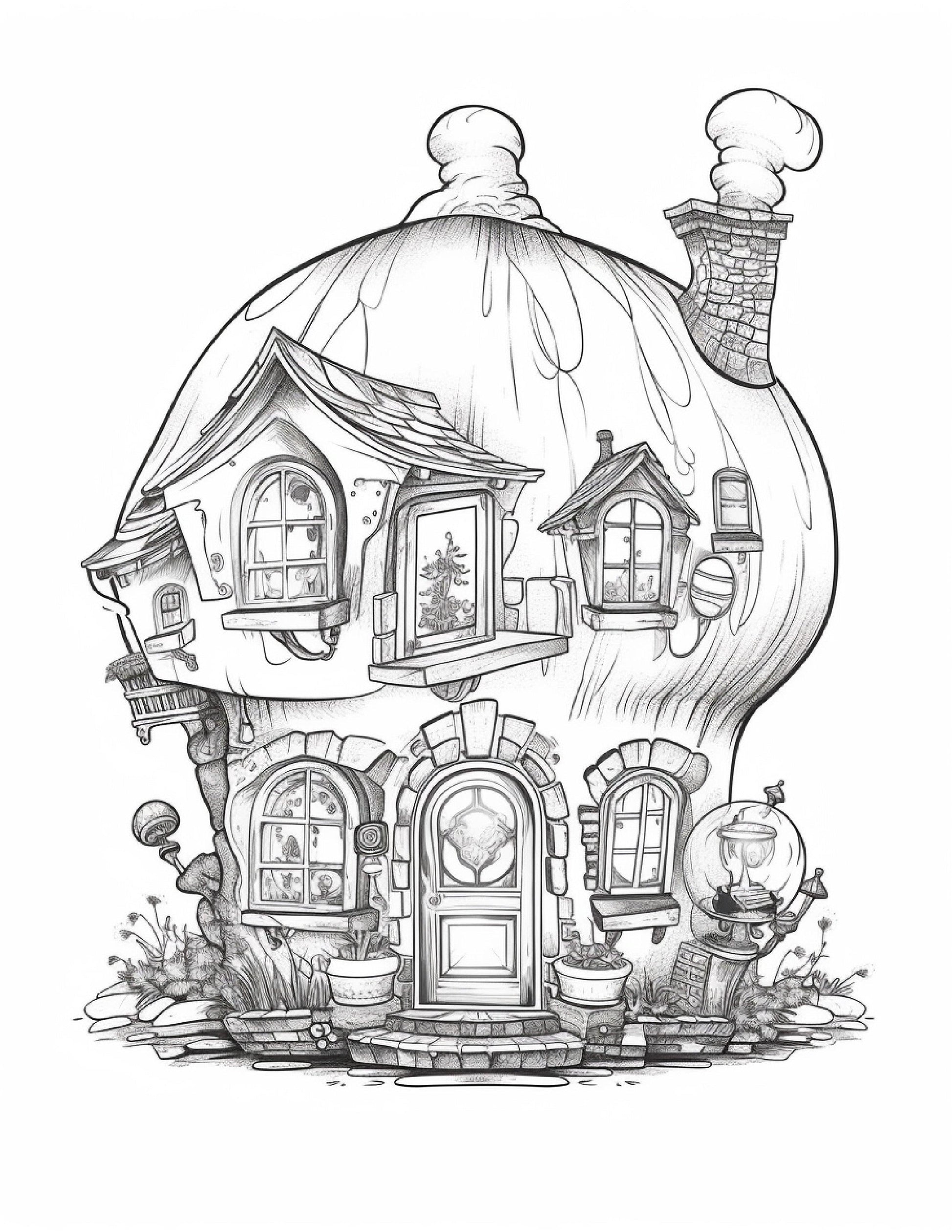 50 Printable Fairy Houses in Jar Coloring Pages for Adults, Grayscale Coloring Book, Stress Relief Coloring Pages, Printable PDF Instant Download