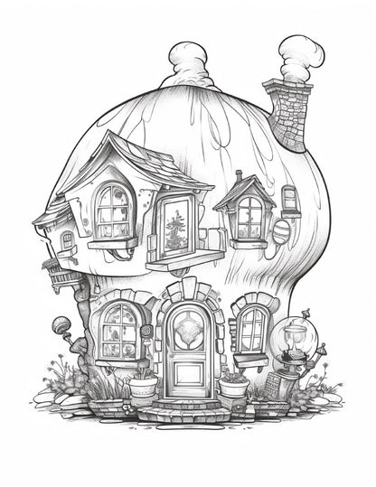 50 Printable Fairy Houses in Jar Coloring Pages for Adults, Grayscale Coloring Book, Stress Relief Coloring Pages, Printable PDF Instant Download