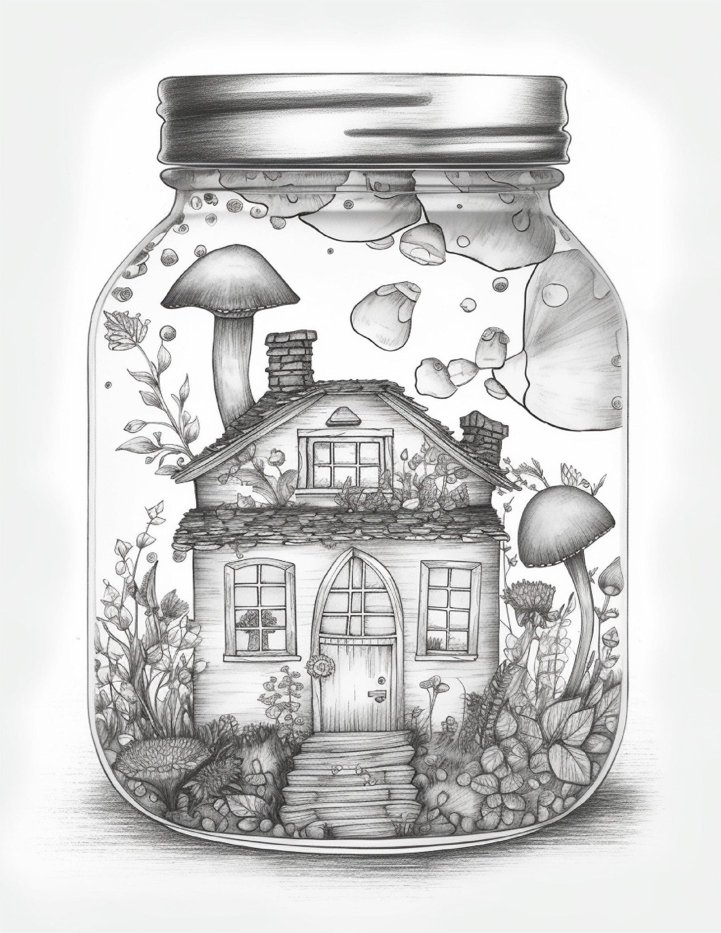 50 Printable Fairy Houses in Jar Coloring Pages for Adults, Grayscale Coloring Book, Stress Relief Coloring Pages, Printable PDF Instant Download