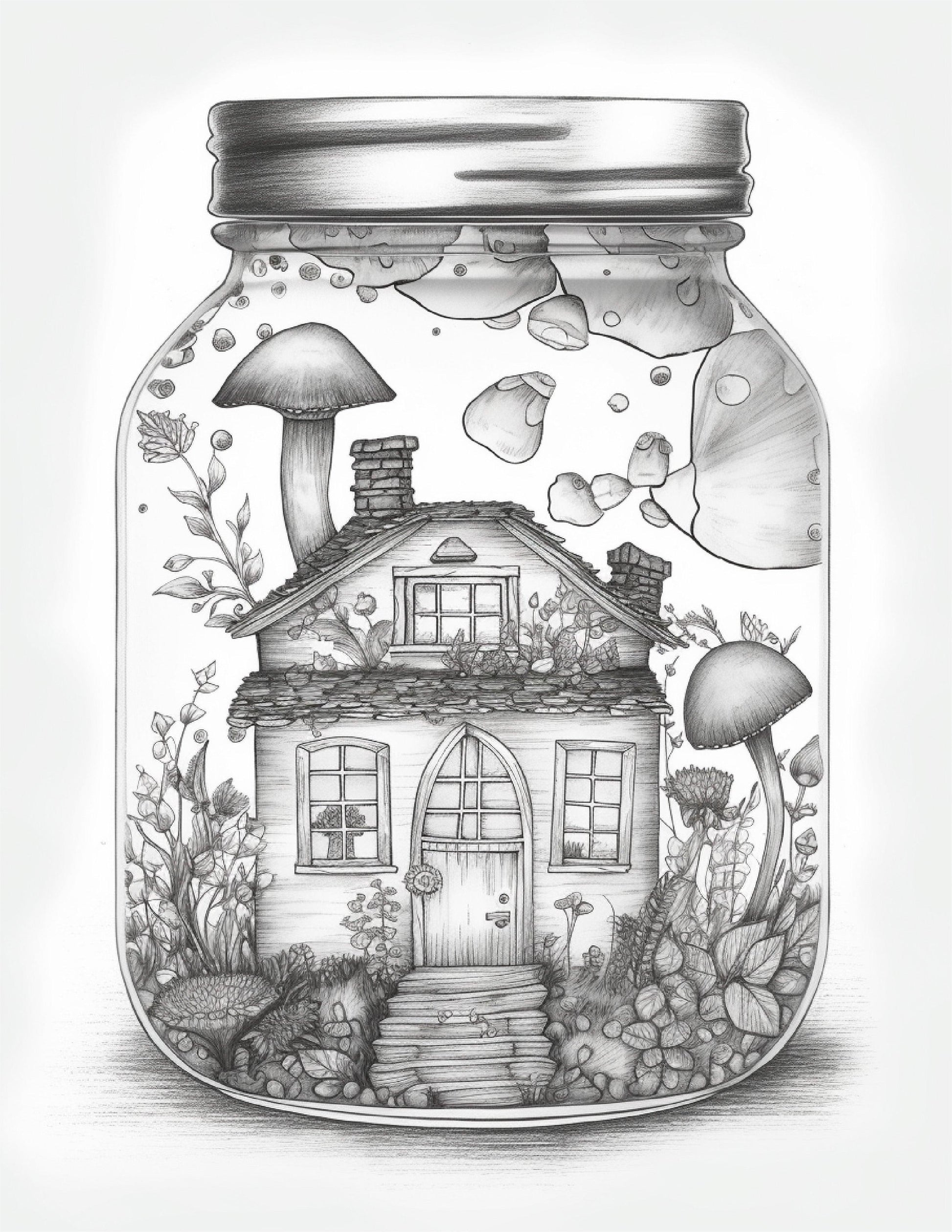 50 Printable Fairy Houses in Jar Coloring Pages for Adults, Grayscale Coloring Book, Stress Relief Coloring Pages, Printable PDF Instant Download