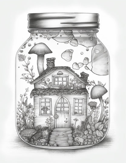 50 Printable Fairy Houses in Jar Coloring Pages for Adults, Grayscale Coloring Book, Stress Relief Coloring Pages, Printable PDF Instant Download