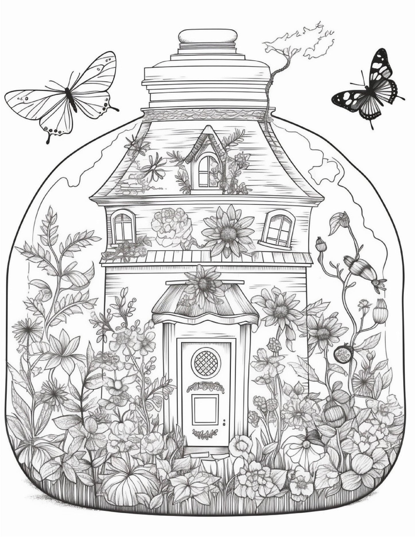 50 Printable Fairy Houses in Jar Coloring Pages for Adults, Grayscale Coloring Book, Stress Relief Coloring Pages, Printable PDF Instant Download