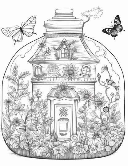 50 Printable Fairy Houses in Jar Coloring Pages for Adults, Grayscale Coloring Book, Stress Relief Coloring Pages, Printable PDF Instant Download