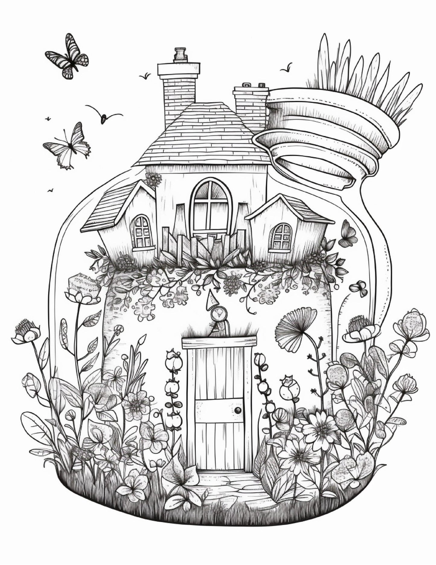 50 Printable Fairy Houses in Jar Coloring Pages for Adults, Grayscale Coloring Book, Stress Relief Coloring Pages, Printable PDF Instant Download