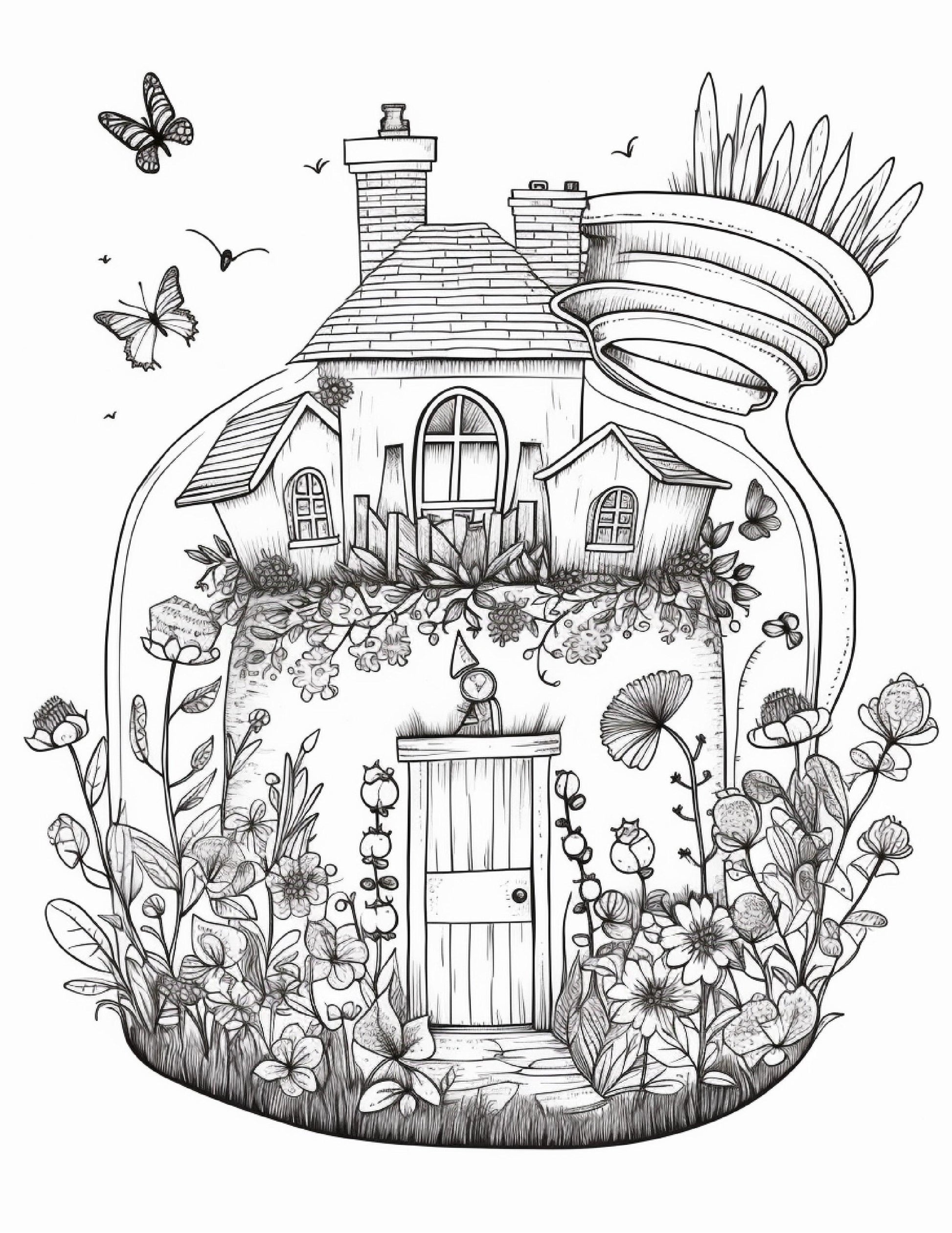 50 Printable Fairy Houses in Jar Coloring Pages for Adults, Grayscale Coloring Book, Stress Relief Coloring Pages, Printable PDF Instant Download