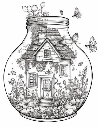 50 Printable Fairy Houses in Jar Coloring Pages for Adults, Grayscale Coloring Book, Stress Relief Coloring Pages, Printable PDF Instant Download