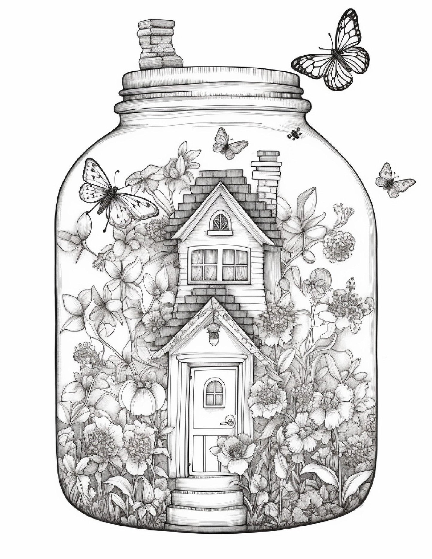 50 Printable Fairy Houses in Jar Coloring Pages for Adults, Grayscale Coloring Book, Stress Relief Coloring Pages, Printable PDF Instant Download