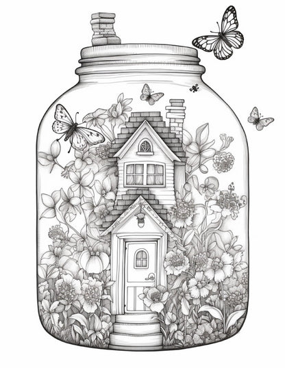 50 Printable Fairy Houses in Jar Coloring Pages for Adults, Grayscale Coloring Book, Stress Relief Coloring Pages, Printable PDF Instant Download