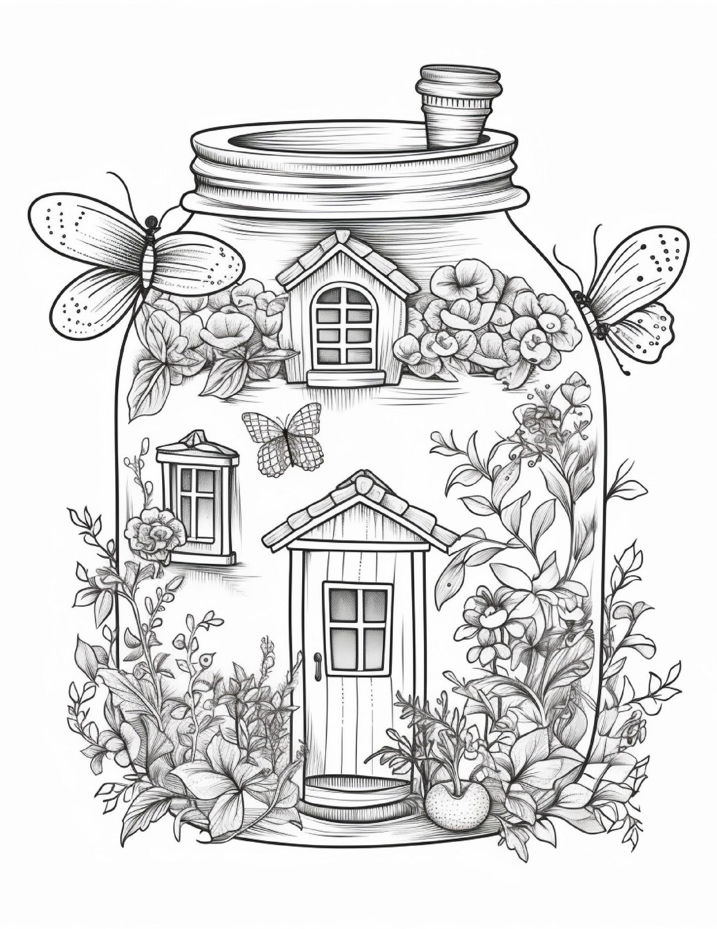 50 Printable Fairy Houses in Jar Coloring Pages for Adults, Grayscale Coloring Book, Stress Relief Coloring Pages, Printable PDF Instant Download