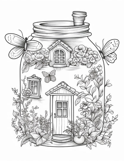 50 Printable Fairy Houses in Jar Coloring Pages for Adults, Grayscale Coloring Book, Stress Relief Coloring Pages, Printable PDF Instant Download