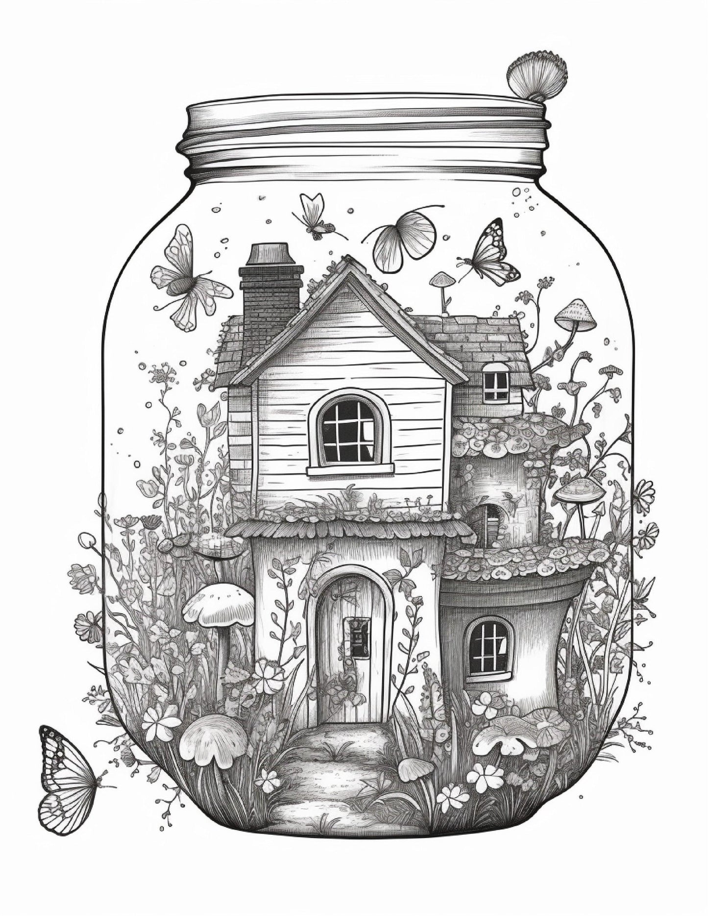 50 Printable Fairy Houses in Jar Coloring Pages for Adults, Grayscale Coloring Book, Stress Relief Coloring Pages, Printable PDF Instant Download