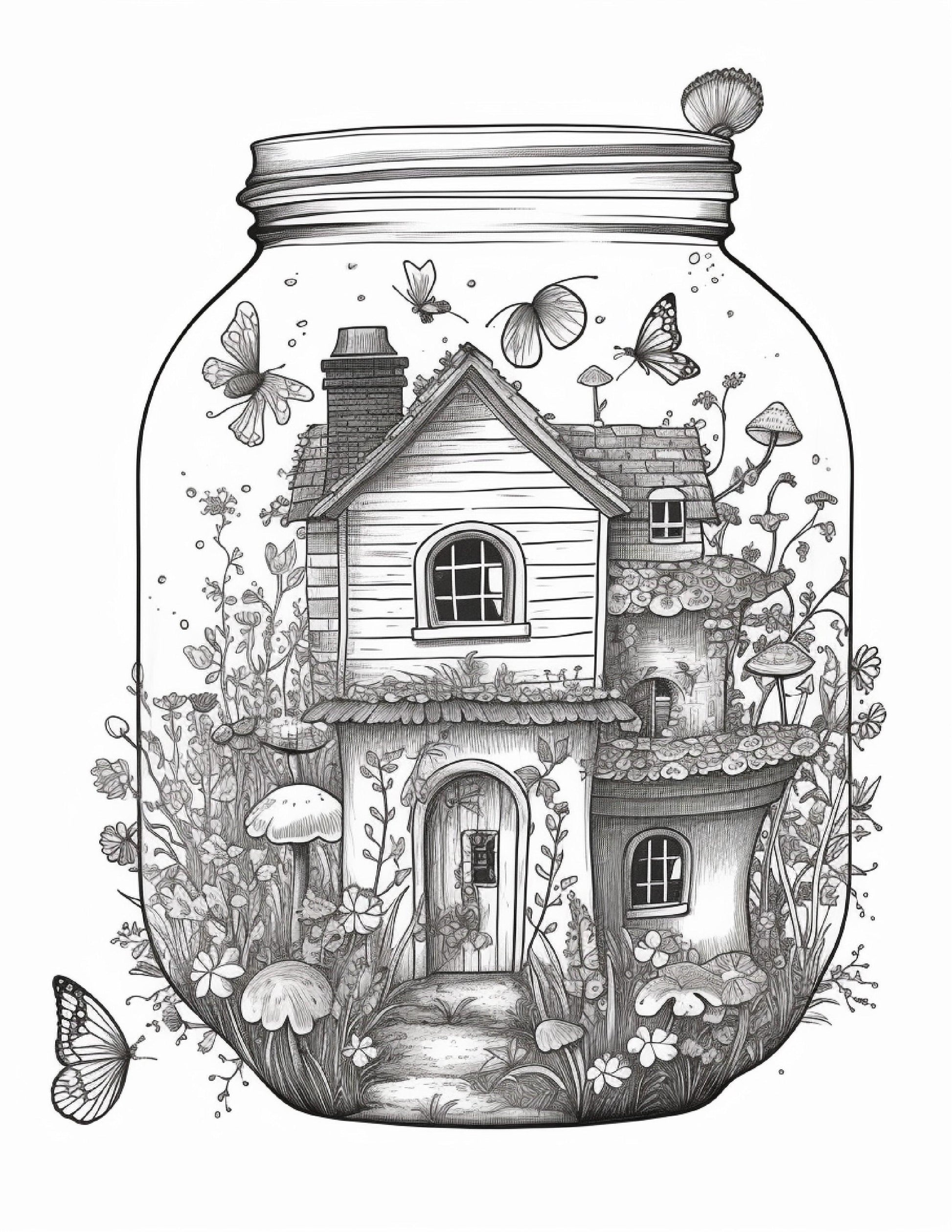 50 Printable Fairy Houses in Jar Coloring Pages for Adults, Grayscale Coloring Book, Stress Relief Coloring Pages, Printable PDF Instant Download