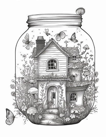 50 Printable Fairy Houses in Jar Coloring Pages for Adults, Grayscale Coloring Book, Stress Relief Coloring Pages, Printable PDF Instant Download