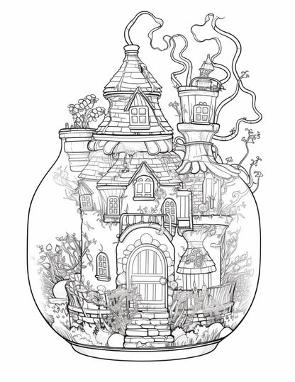 50 Printable Fairy Houses in Jar Coloring Pages for Adults, Grayscale Coloring Book, Stress Relief Coloring Pages, Printable PDF Instant Download