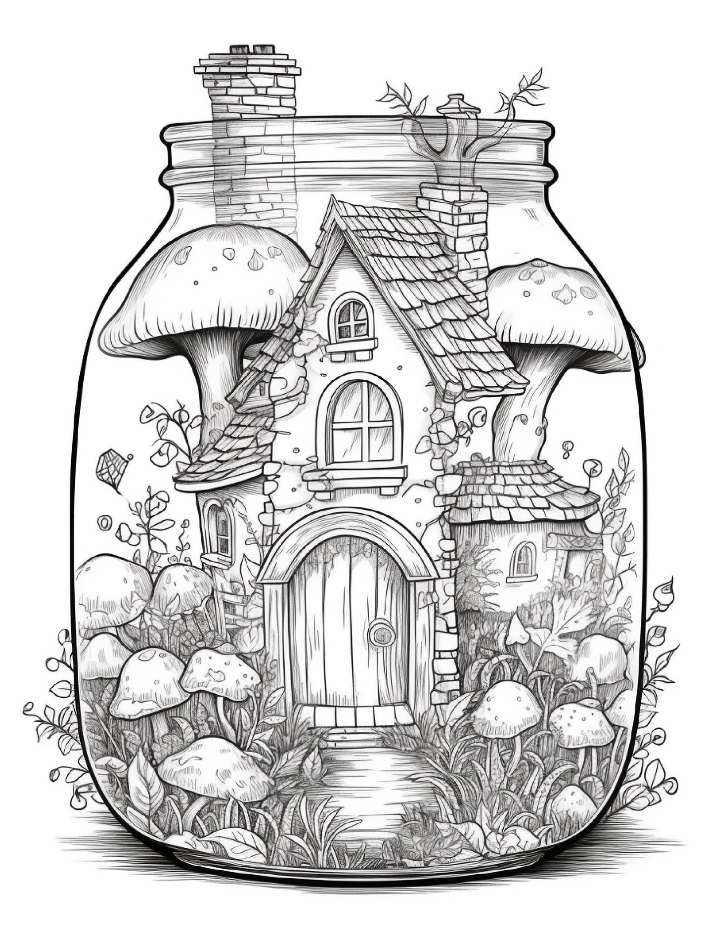 50 Printable Fairy Houses in Jar Coloring Pages for Adults, Grayscale Coloring Book, Stress Relief Coloring Pages, Printable PDF Instant Download