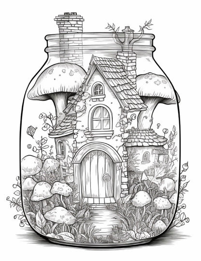 50 Printable Fairy Houses in Jar Coloring Pages for Adults, Grayscale Coloring Book, Stress Relief Coloring Pages, Printable PDF Instant Download