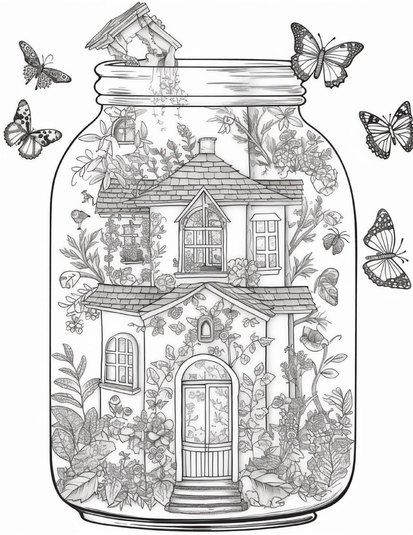 50 Printable Fairy Houses in Jar Coloring Pages for Adults, Grayscale Coloring Book, Stress Relief Coloring Pages, Printable PDF Instant Download
