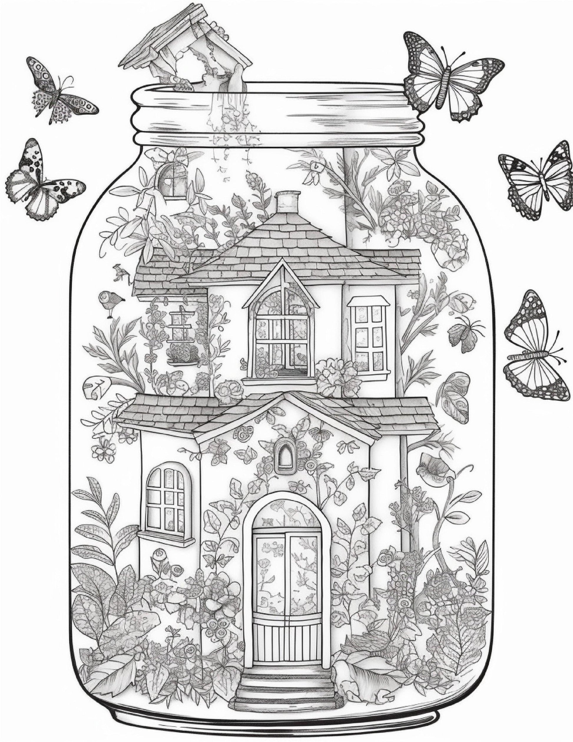 50 Printable Fairy Houses in Jar Coloring Pages for Adults, Grayscale Coloring Book, Stress Relief Coloring Pages, Printable PDF Instant Download