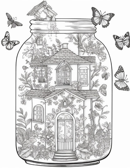 50 Printable Fairy Houses in Jar Coloring Pages for Adults, Grayscale Coloring Book, Stress Relief Coloring Pages, Printable PDF Instant Download