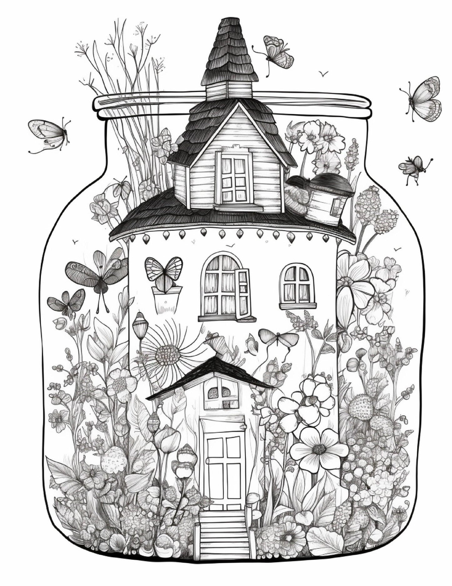 50 Printable Fairy Houses in Jar Coloring Pages for Adults, Grayscale Coloring Book, Stress Relief Coloring Pages, Printable PDF Instant Download