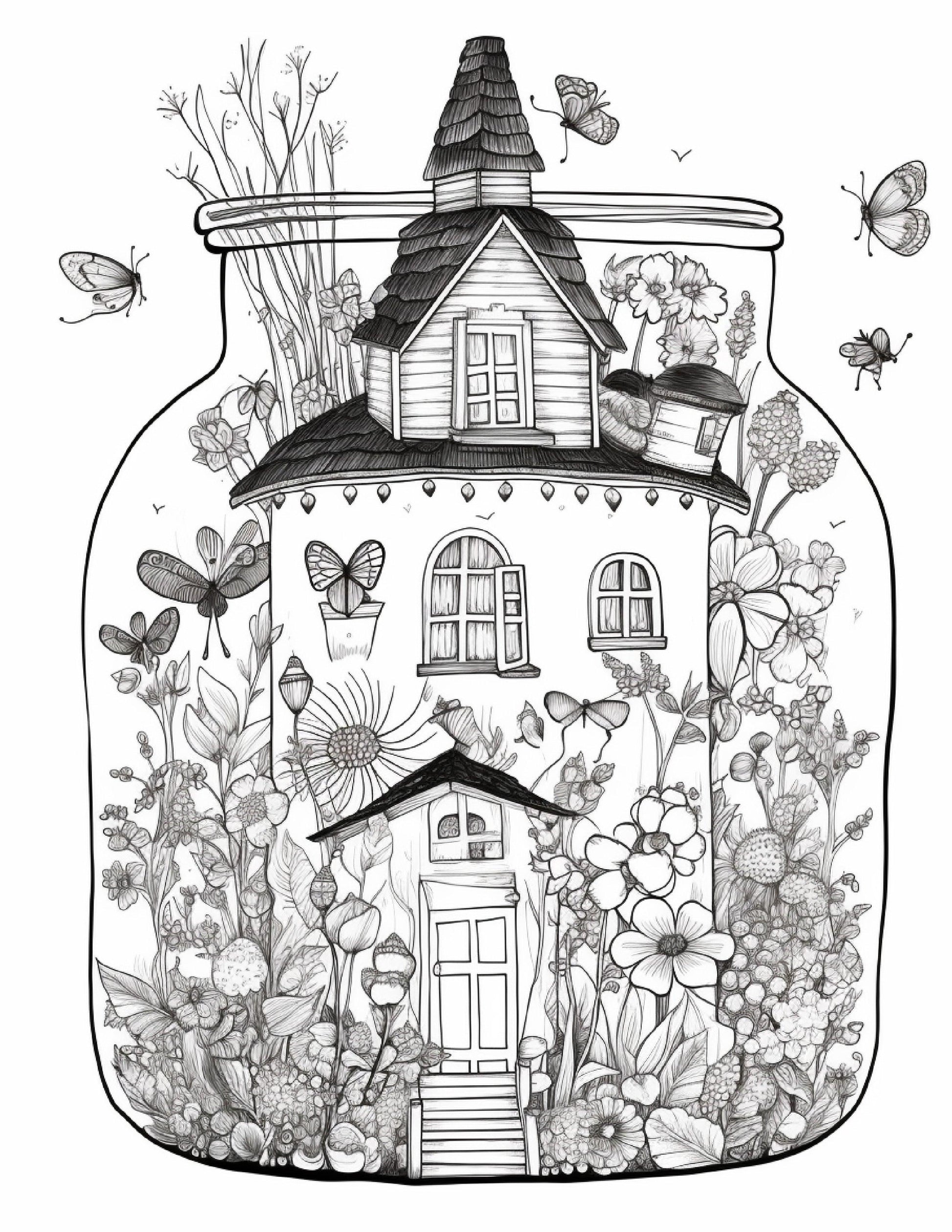 50 Printable Fairy Houses in Jar Coloring Pages for Adults, Grayscale Coloring Book, Stress Relief Coloring Pages, Printable PDF Instant Download