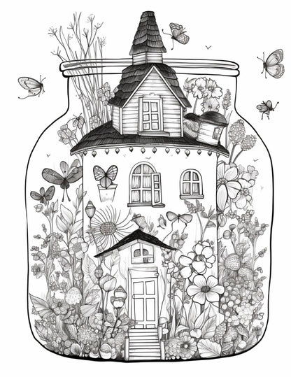 50 Printable Fairy Houses in Jar Coloring Pages for Adults, Grayscale Coloring Book, Stress Relief Coloring Pages, Printable PDF Instant Download