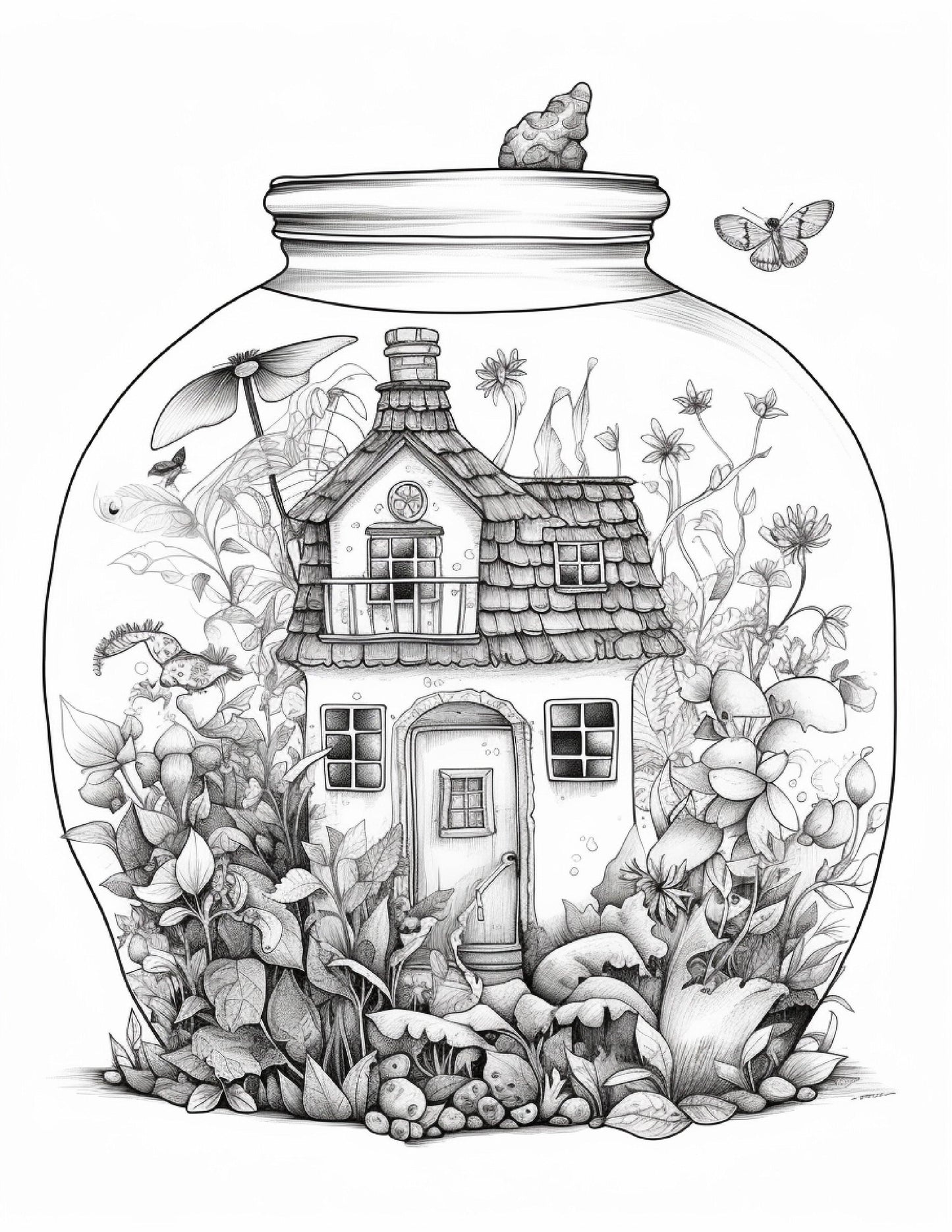 50 Printable Fairy Houses in Jar Coloring Pages for Adults, Grayscale Coloring Book, Stress Relief Coloring Pages, Printable PDF Instant Download