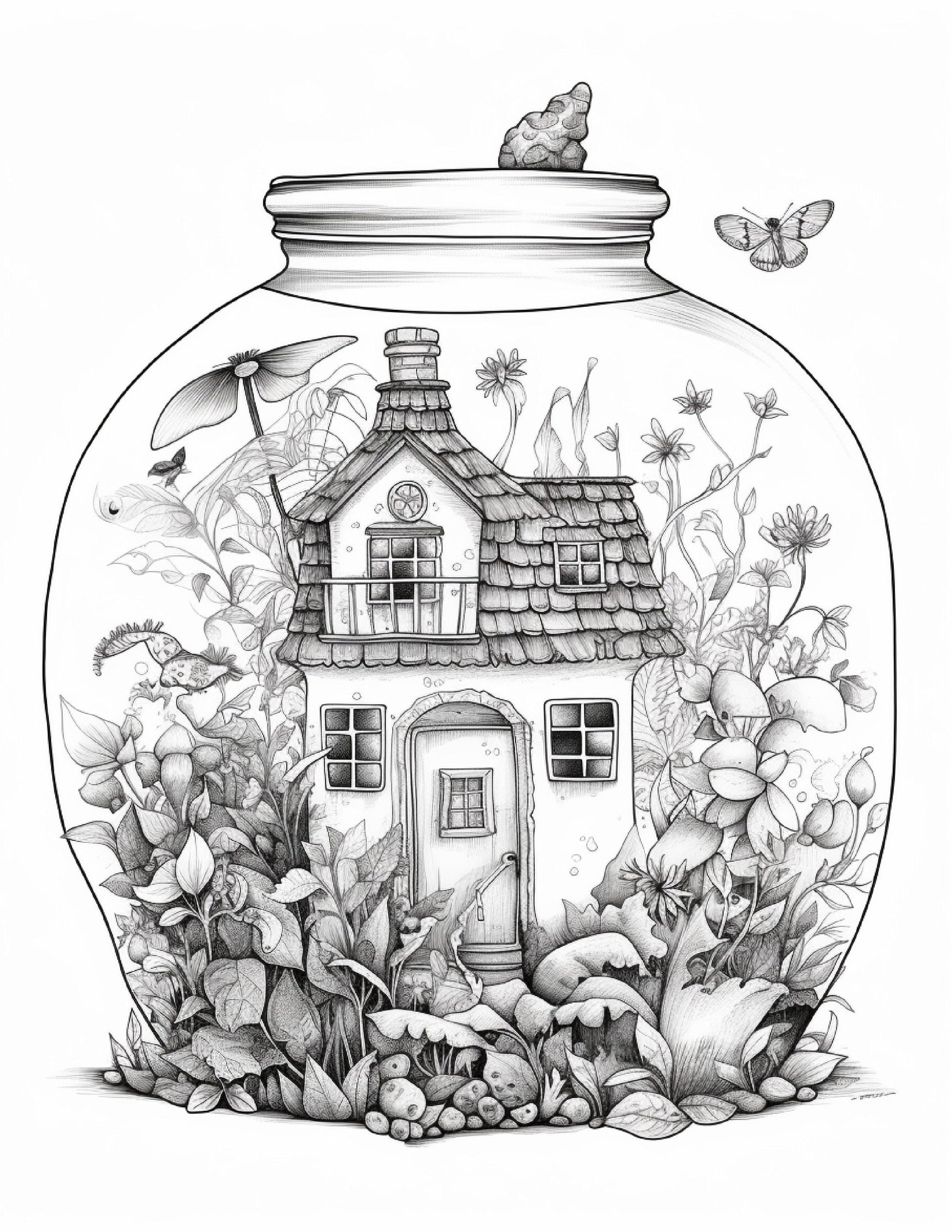50 Printable Fairy Houses in Jar Coloring Pages for Adults, Grayscale Coloring Book, Stress Relief Coloring Pages, Printable PDF Instant Download