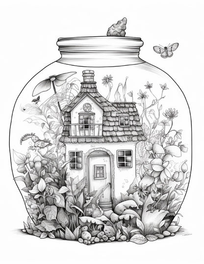 50 Printable Fairy Houses in Jar Coloring Pages for Adults, Grayscale Coloring Book, Stress Relief Coloring Pages, Printable PDF Instant Download