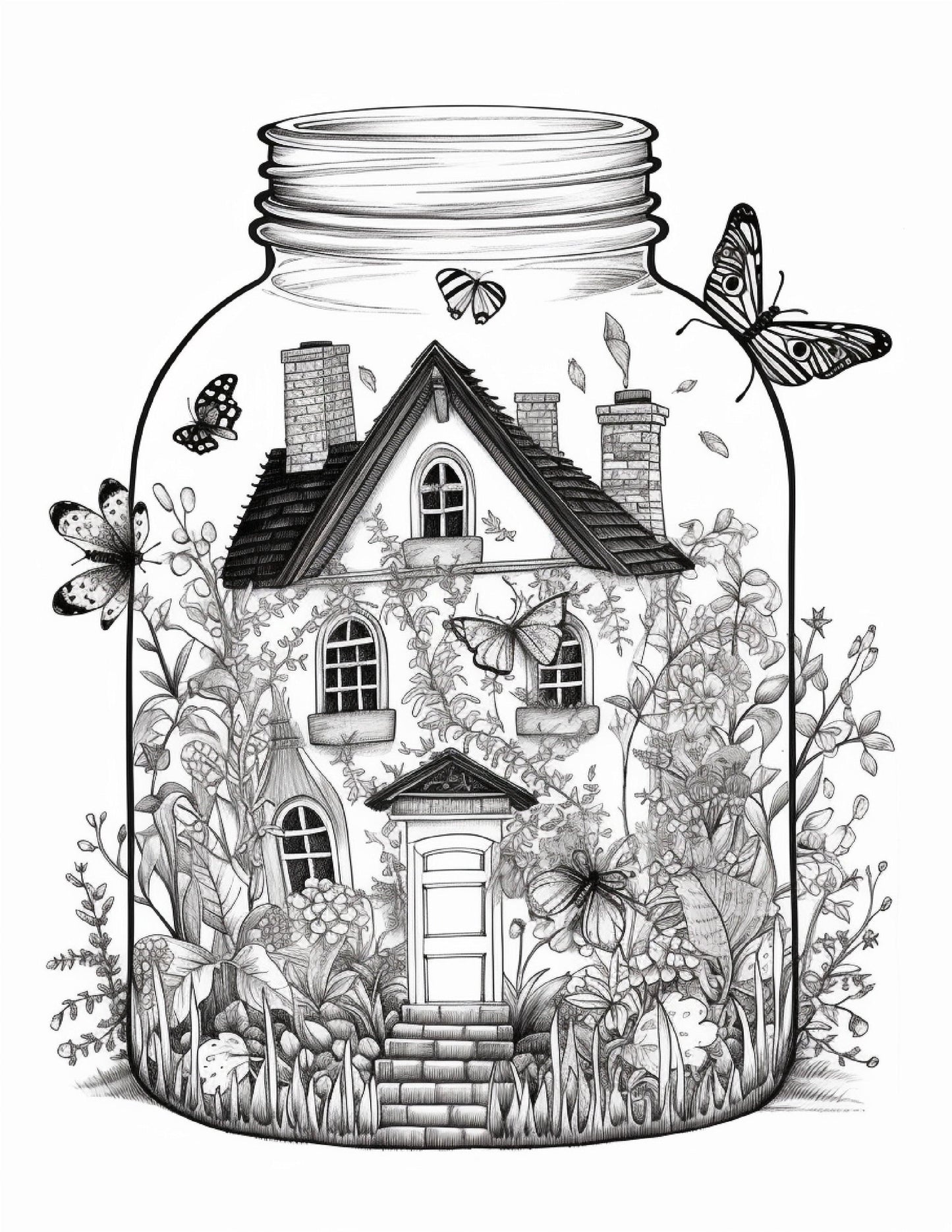 50 Printable Fairy Houses in Jar Coloring Pages for Adults, Grayscale Coloring Book, Stress Relief Coloring Pages, Printable PDF Instant Download
