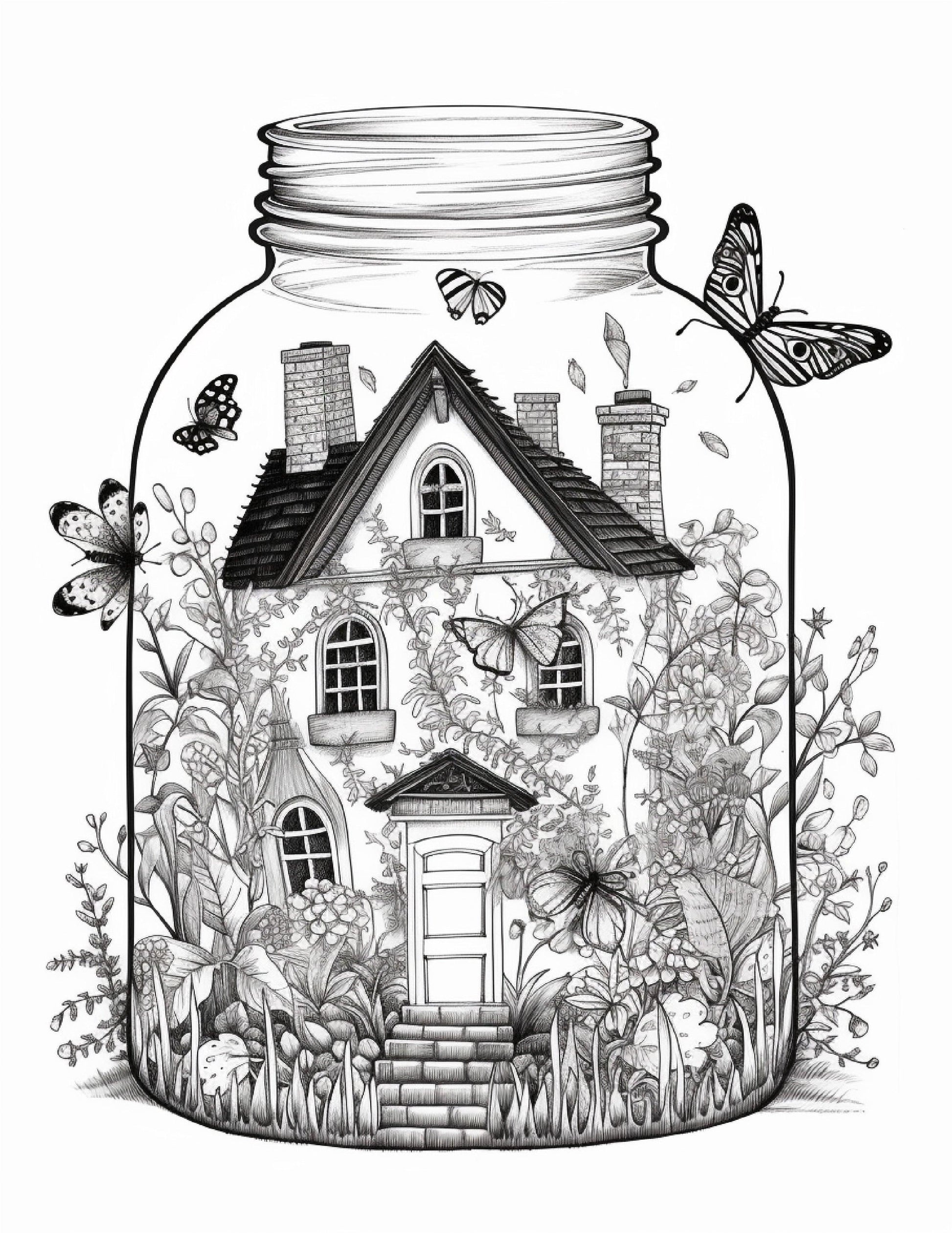 50 Printable Fairy Houses in Jar Coloring Pages for Adults, Grayscale Coloring Book, Stress Relief Coloring Pages, Printable PDF Instant Download