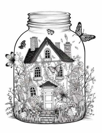 50 Printable Fairy Houses in Jar Coloring Pages for Adults, Grayscale Coloring Book, Stress Relief Coloring Pages, Printable PDF Instant Download