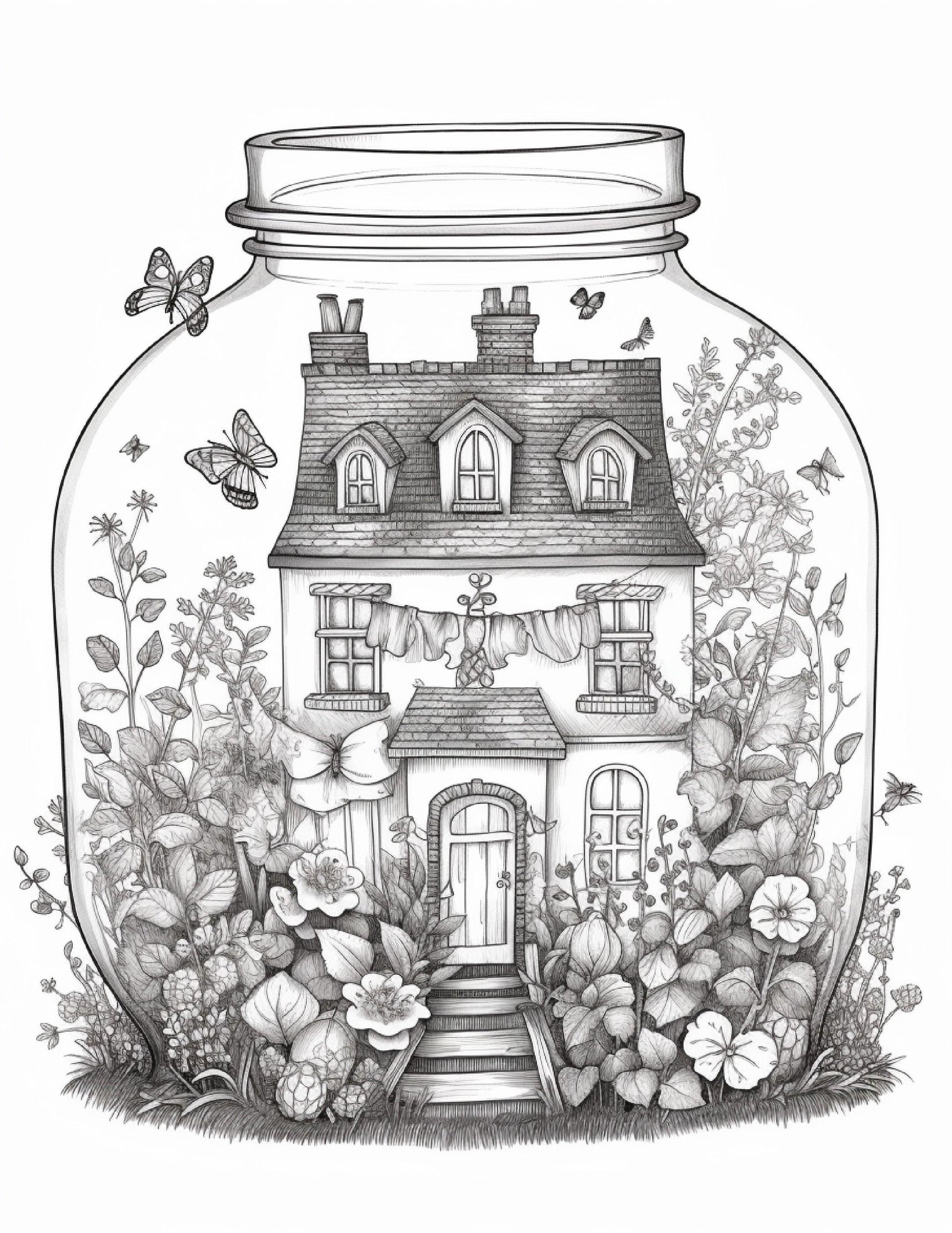 50 Printable Fairy Houses in Jar Coloring Pages for Adults, Grayscale Coloring Book, Stress Relief Coloring Pages, Printable PDF Instant Download