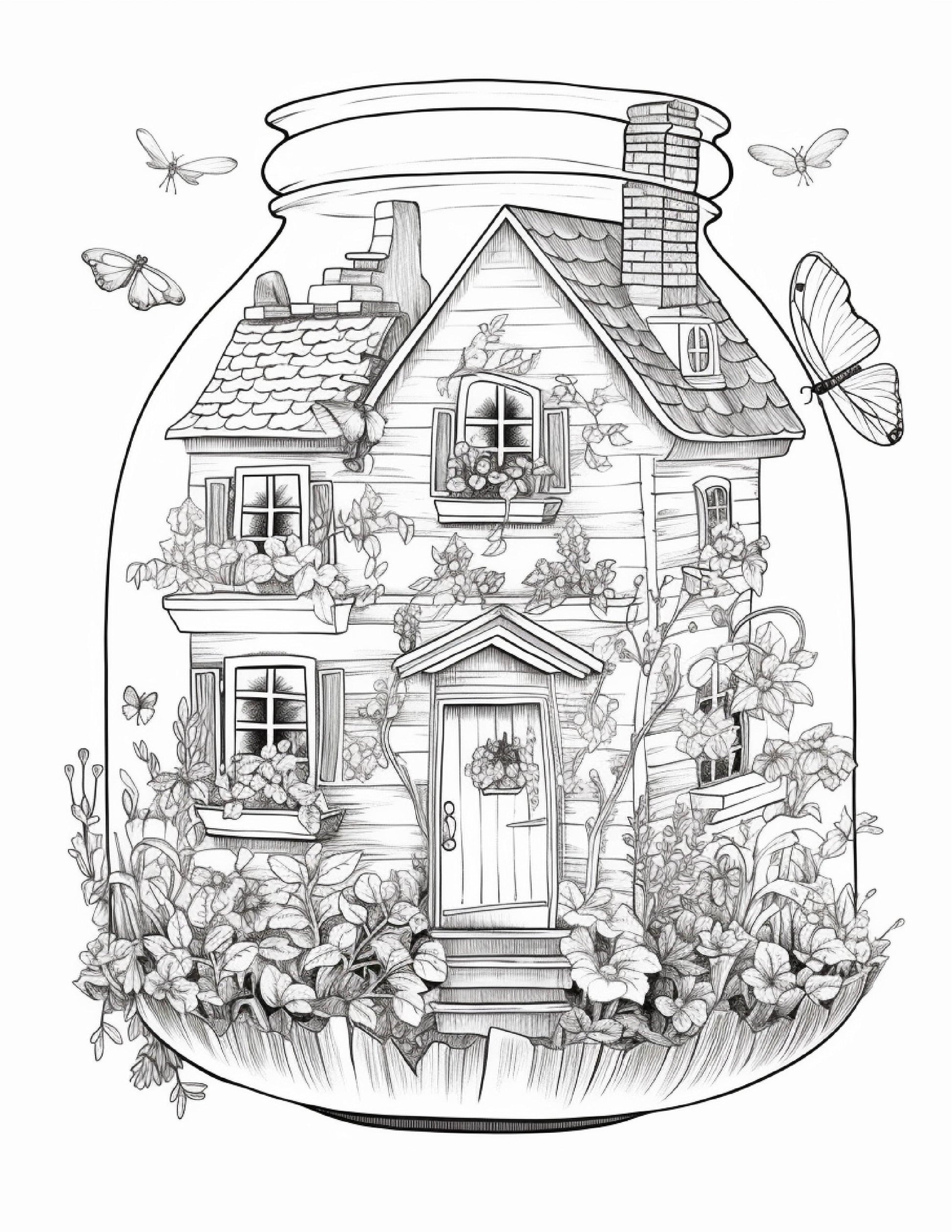 50 Printable Fairy Houses in Jar Coloring Pages for Adults, Grayscale Coloring Book, Stress Relief Coloring Pages, Printable PDF Instant Download