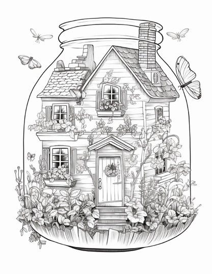 50 Printable Fairy Houses in Jar Coloring Pages for Adults, Grayscale Coloring Book, Stress Relief Coloring Pages, Printable PDF Instant Download