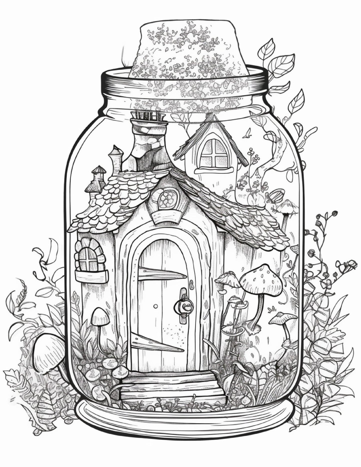 50 Printable Fairy Houses in Jar Coloring Pages for Adults, Grayscale Coloring Book, Stress Relief Coloring Pages, Printable PDF Instant Download