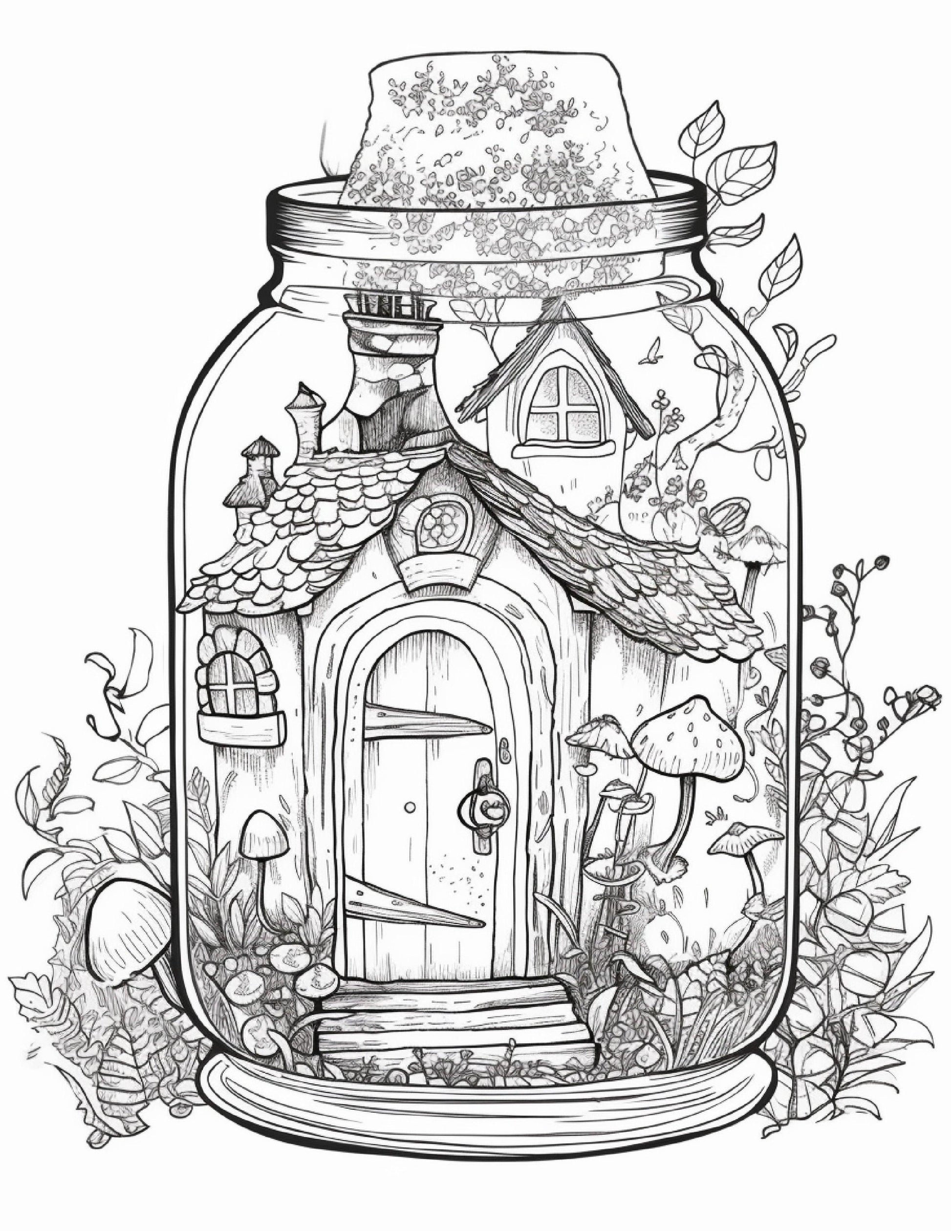 50 Printable Fairy Houses in Jar Coloring Pages for Adults, Grayscale Coloring Book, Stress Relief Coloring Pages, Printable PDF Instant Download