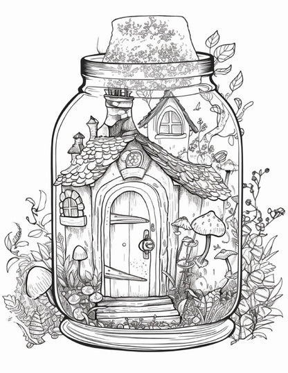 50 Printable Fairy Houses in Jar Coloring Pages for Adults, Grayscale Coloring Book, Stress Relief Coloring Pages, Printable PDF Instant Download