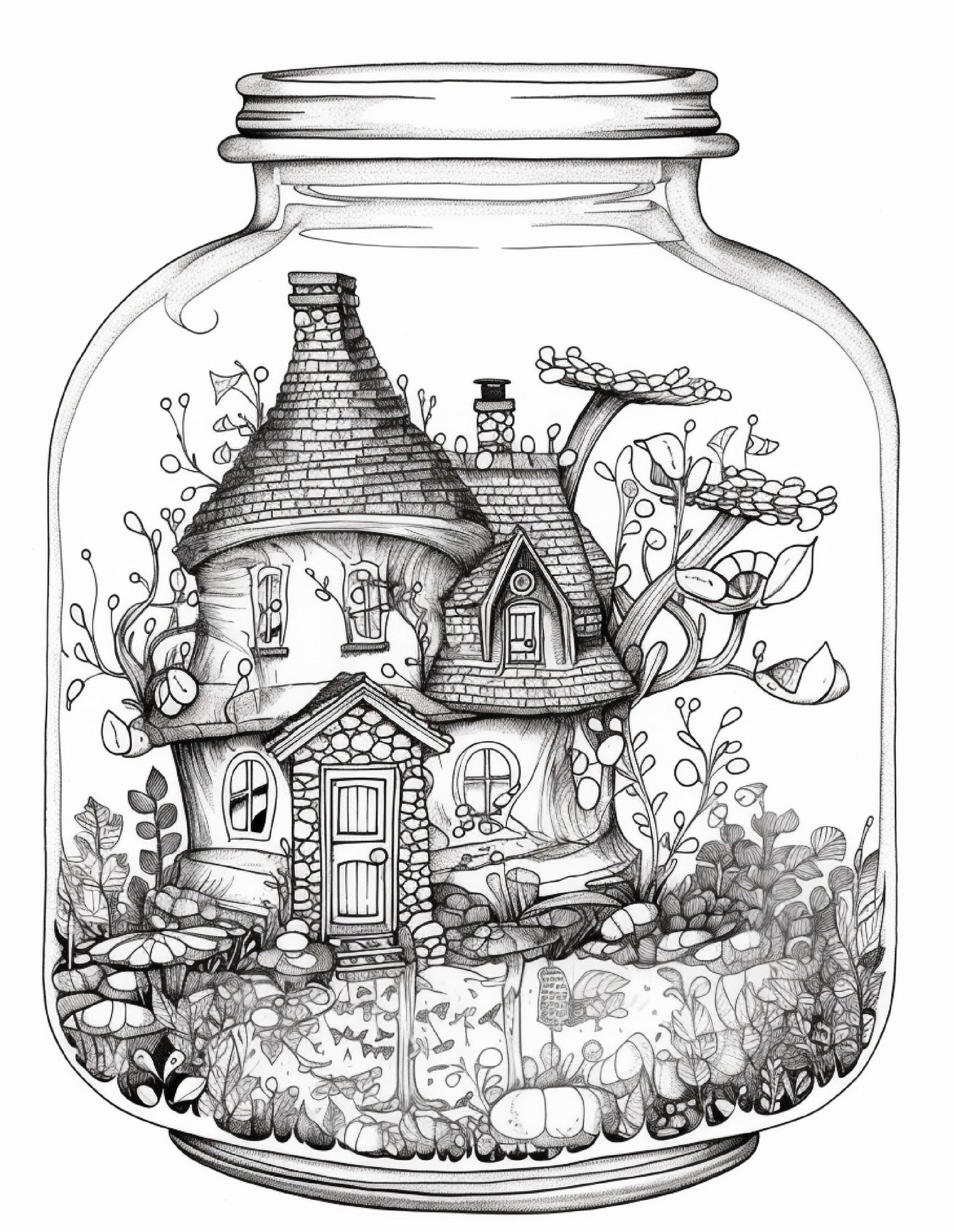 50 Printable Fairy Houses in Jar Coloring Pages for Adults, Grayscale Coloring Book, Stress Relief Coloring Pages, Printable PDF Instant Download