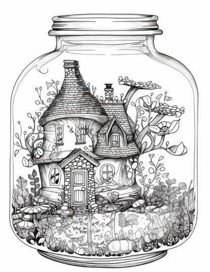 50 Printable Fairy Houses in Jar Coloring Pages for Adults, Grayscale Coloring Book, Stress Relief Coloring Pages, Printable PDF Instant Download
