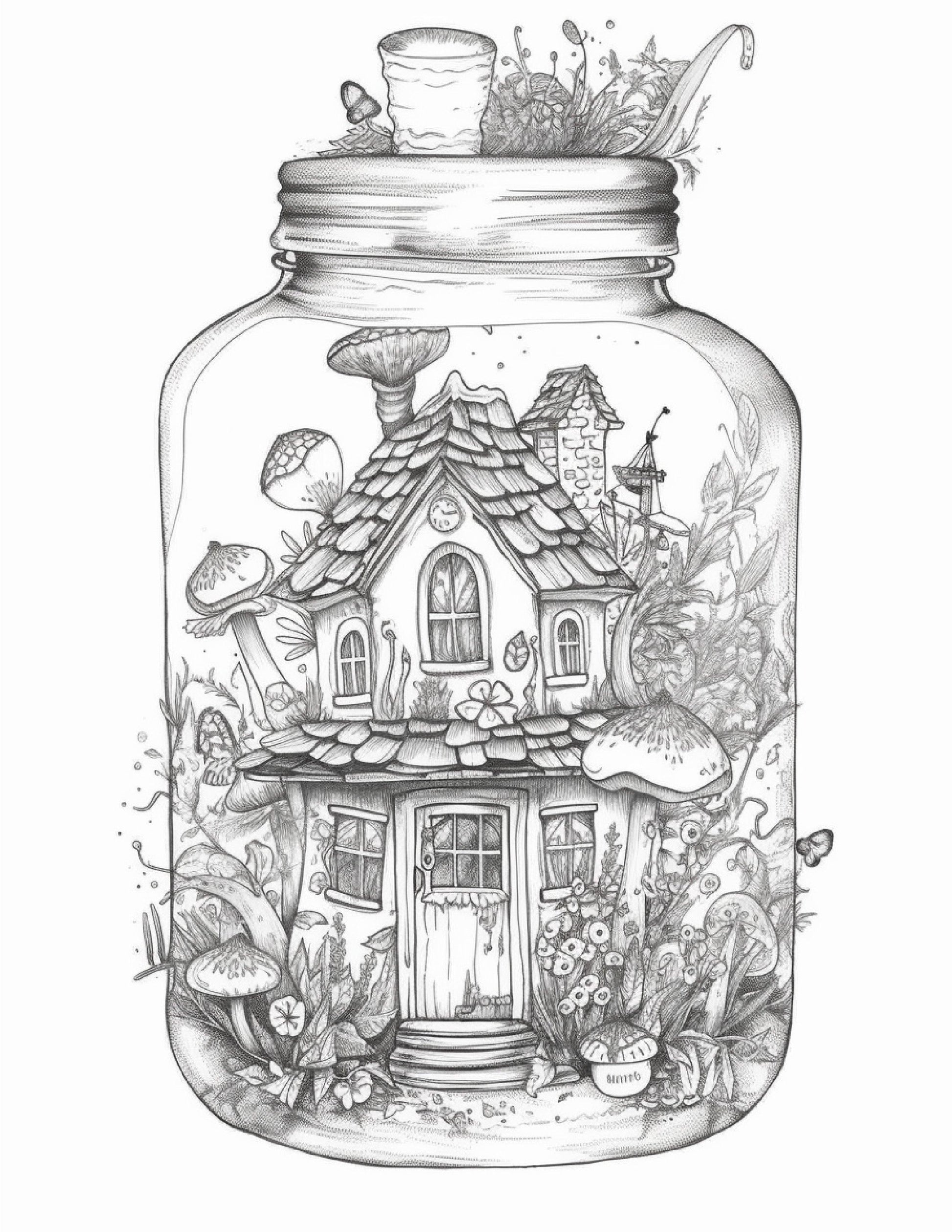 50 Printable Fairy Houses in Jar Coloring Pages for Adults, Grayscale Coloring Book, Stress Relief Coloring Pages, Printable PDF Instant Download
