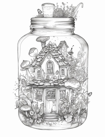 50 Printable Fairy Houses in Jar Coloring Pages for Adults, Grayscale Coloring Book, Stress Relief Coloring Pages, Printable PDF Instant Download