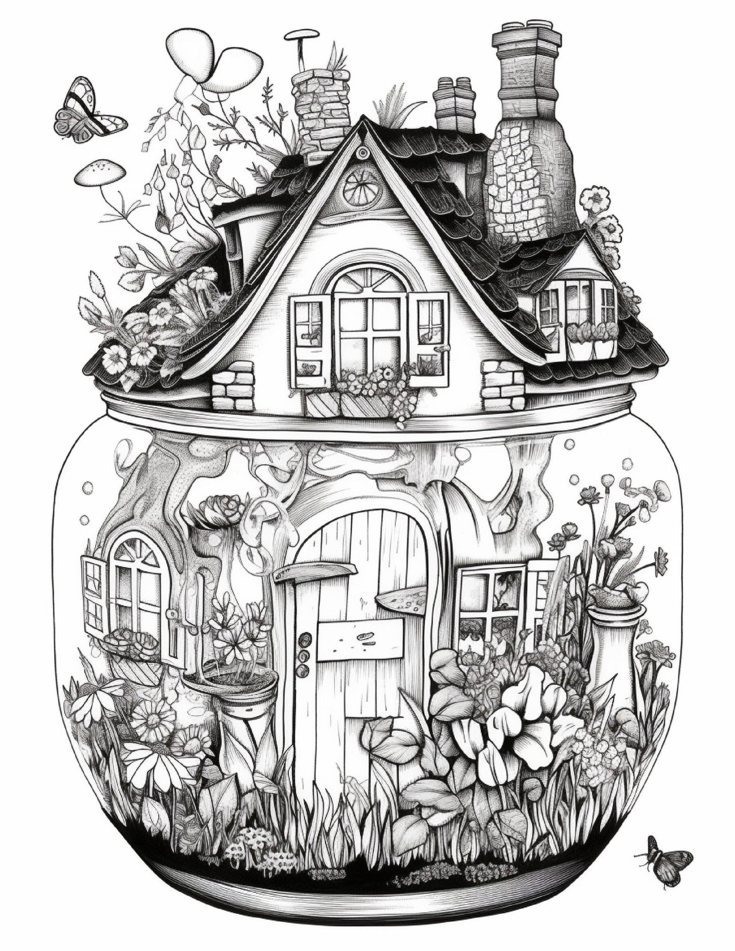 50 Printable Fairy Houses in Jar Coloring Pages for Adults, Grayscale Coloring Book, Stress Relief Coloring Pages, Printable PDF Instant Download