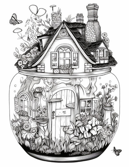 50 Printable Fairy Houses in Jar Coloring Pages for Adults, Grayscale Coloring Book, Stress Relief Coloring Pages, Printable PDF Instant Download