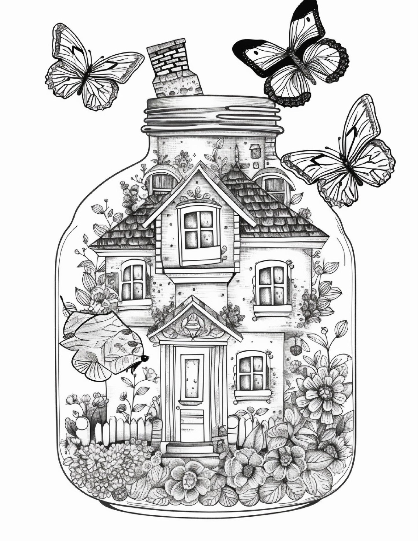 50 Printable Fairy Houses in Jar Coloring Pages for Adults, Grayscale Coloring Book, Stress Relief Coloring Pages, Printable PDF Instant Download
